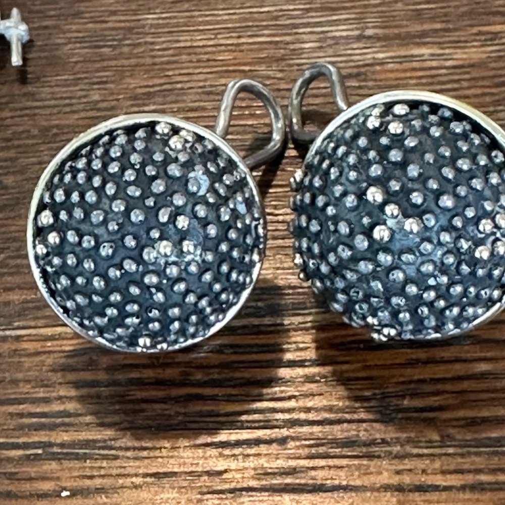 Round Textured Sparkle Drop Earrings - Silver and Black
